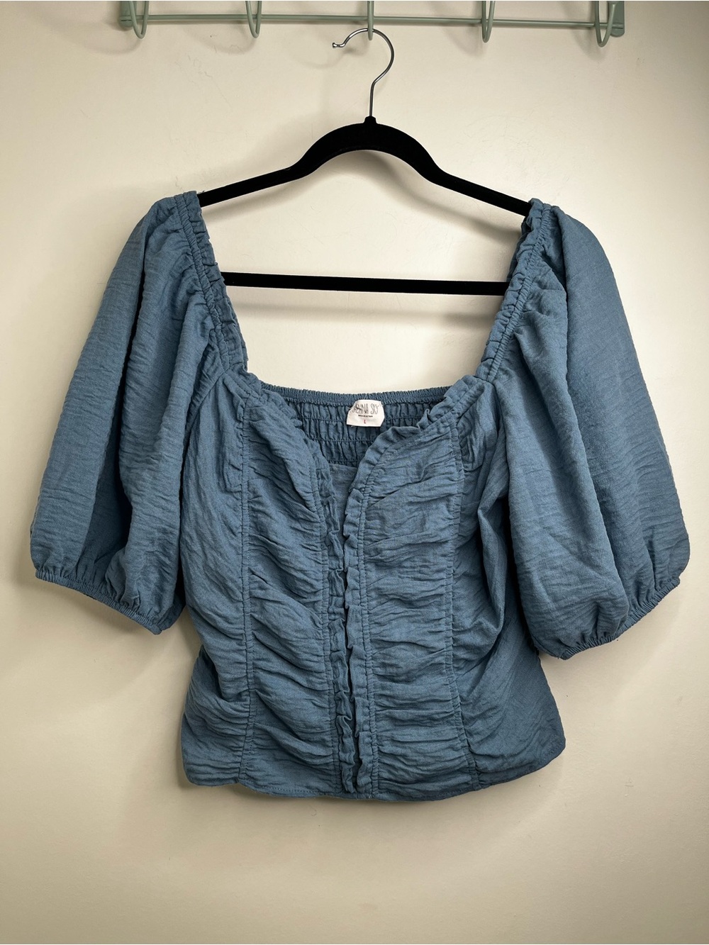 Sienna Sky Puff Slv Ruched Smocked Linen Blend Crop Top L Coquette Milkmaid